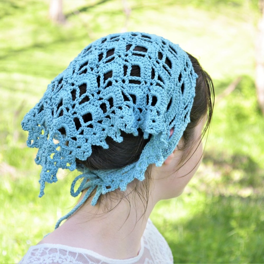Crochet kerchief or headscarf for women, lace bamboo and cotton head covering